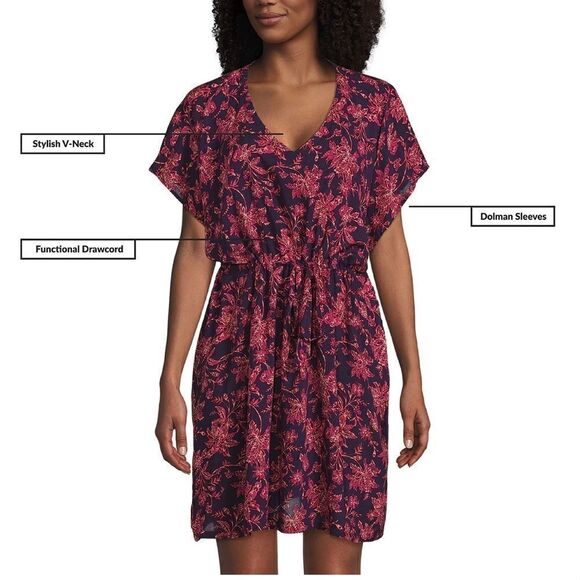 Land's End Women's Short Sleeve Gathered Waist Cover Up Dress Floral NWT XS/S - Picture 7 of 12